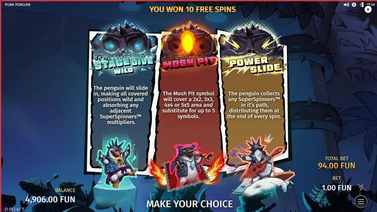 Tampilan visual slot Punk Penguin dengan tema konser punk yang penuh energi