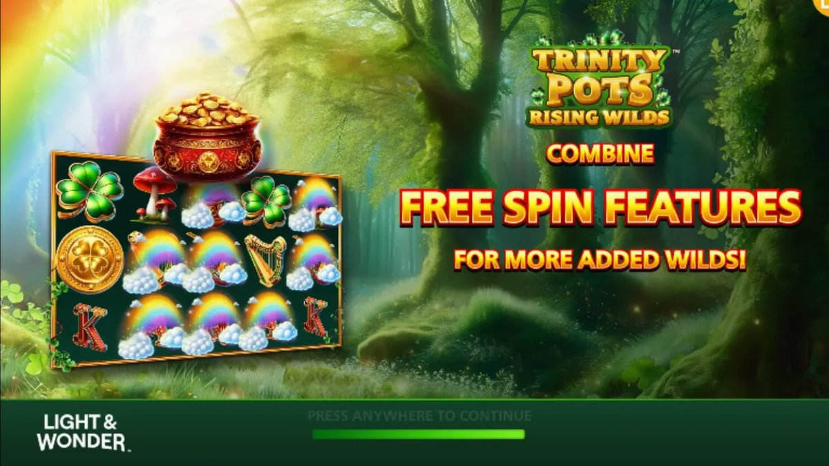 Tampilan visual slot Trinity Pots Rising Wilds dengan tema Irlandia dan pot emas